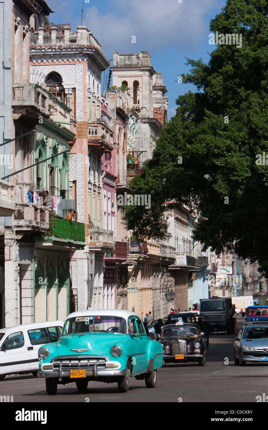 Cuba, Havana. Moorish Architecture on the Prado, 1952 Chevrolet in Foreground. Stock Photo