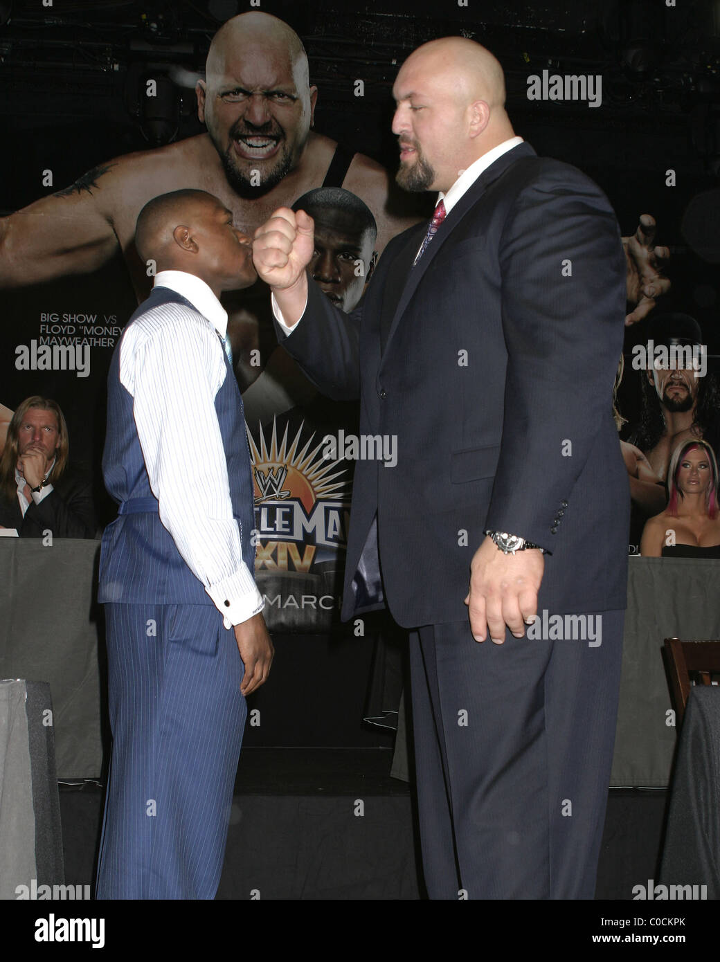 Floyd Mayweather and Paul Wight aka Big Show Press conference at the Hard Rock Cafe Times Square for WrestleMania XXIV taking Stock Photo
