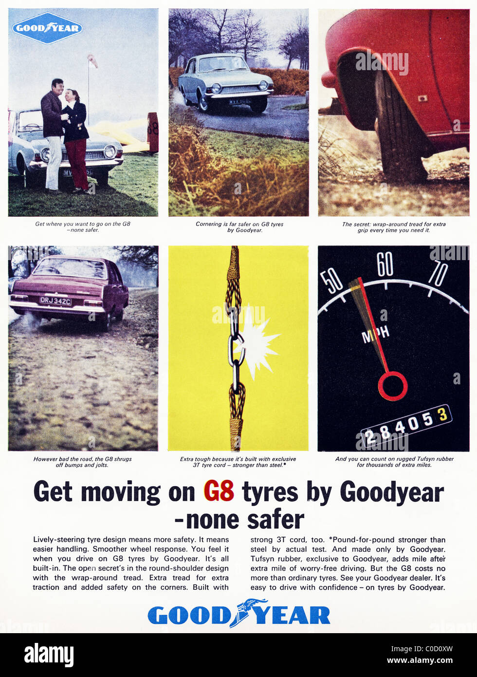 Full page advertisement in magazine 10th August 1966 for GOODYEAR G8 tyres Stock Photo