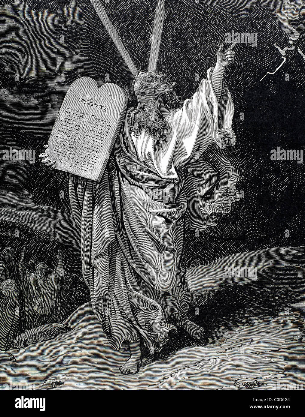 Moses received the Tablets of Law. Engraving. Stock Photo