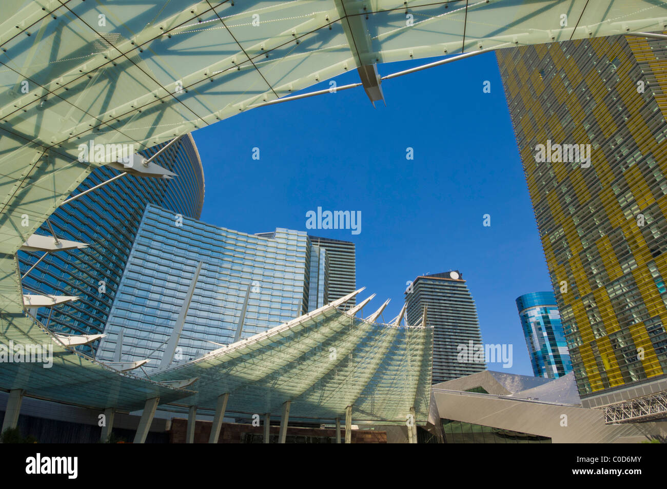 Glass canopy in front of Aria resort hotel and Veer towers condo Hotel Las Vegas Boulevard South  Las Vegas Nevada USA Stock Photo