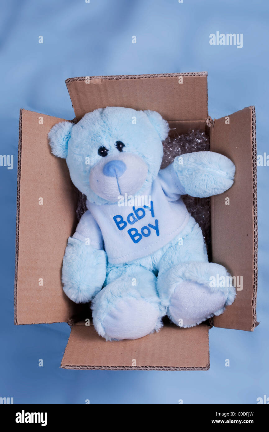 Blue baby boy teddy bear in a carton box Stock Photo Alamy