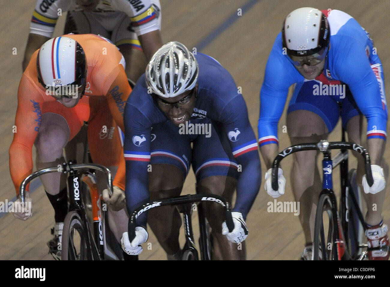 Holland France Czech Republic Mens Kierin UCI Track World Cup Manchester Velodrome uk cycling, Stock Photo