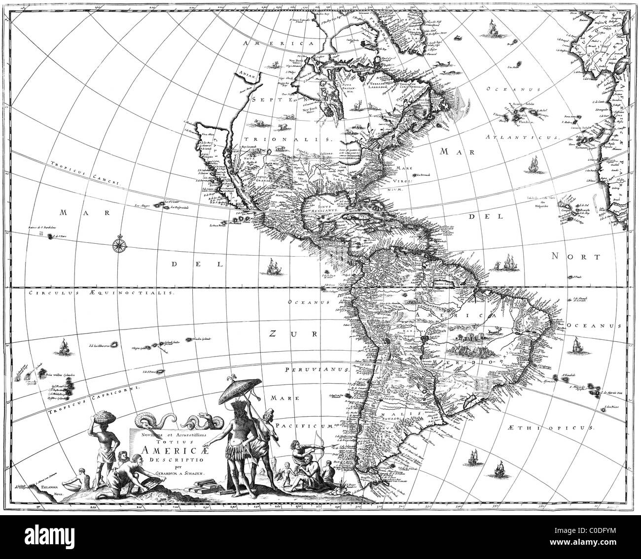 Map of North America and South America showing California as an island from 1670. Stock Photo
