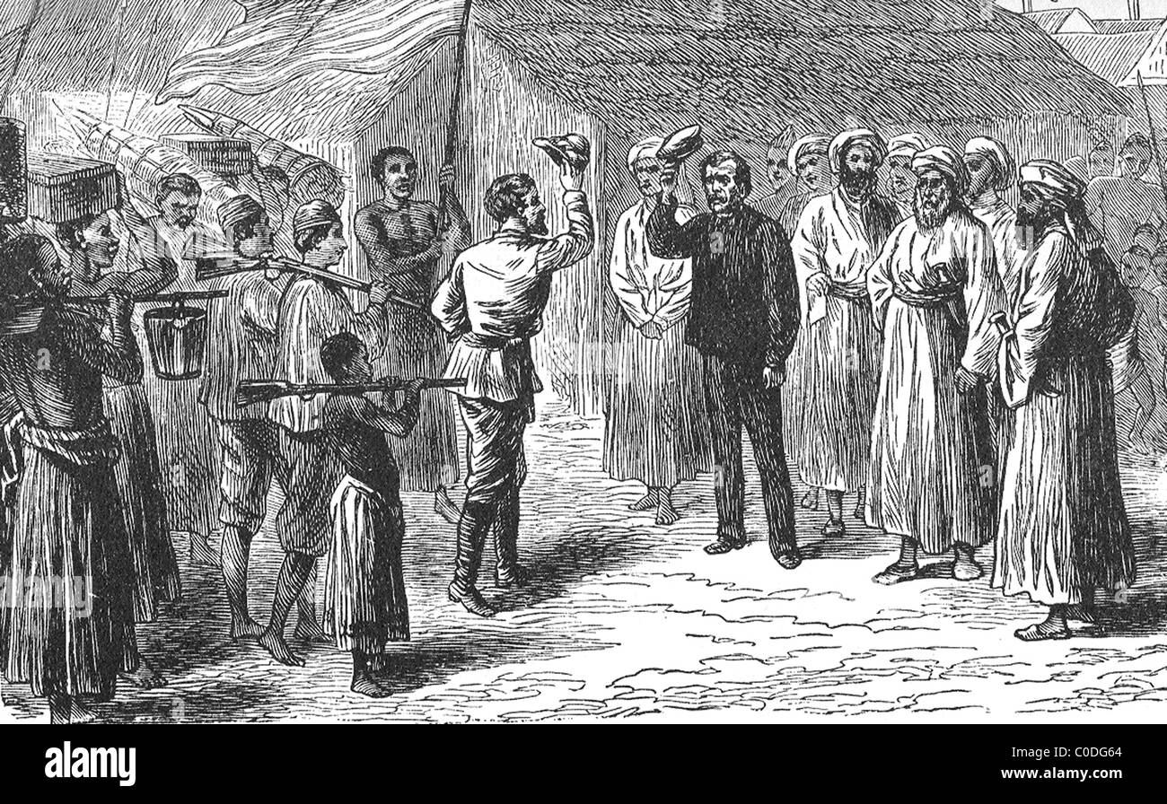 Engraving of Henry Morten Stanley greeting Dr Livingstone in the African Congo in 1871. Stock Photo