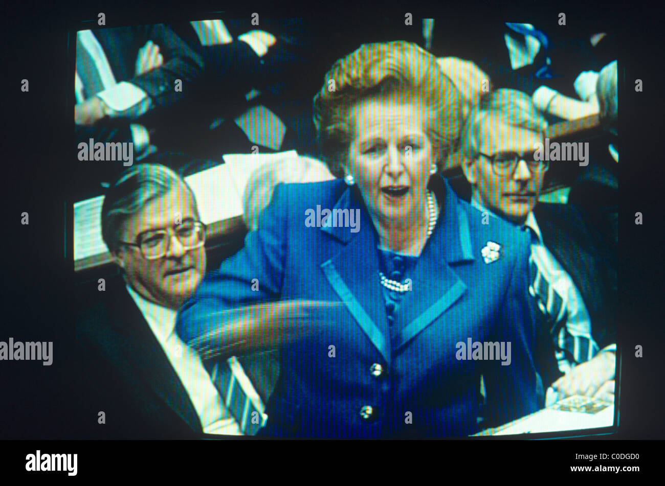 Television picture of Margaret Thatcher in Parliament before losing her bid to be re-elected leader of the Tories to John Major Stock Photo