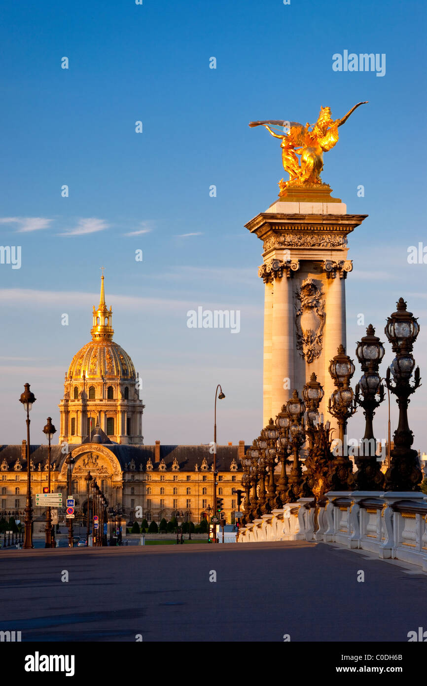 View across Pont Alexandre III of Hotel les Invalides - historic veterans hospital and burial place of Napolean, Paris France Stock Photo