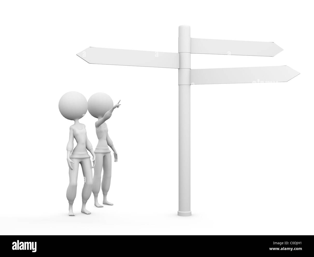 Two figurine on white background with choice and direction signs Stock Photo