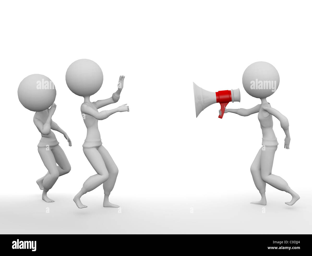 two 3d humans look at human with megaphone Stock Photo