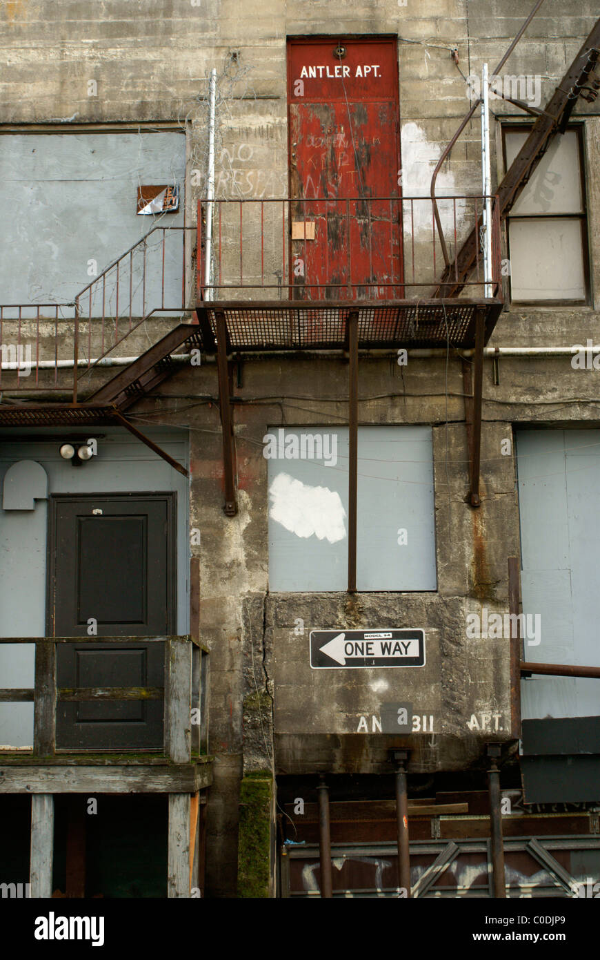 Rear view of a dilapidated building and a metal fire escape, Bellingham, Washington State, USA Stock Photo
