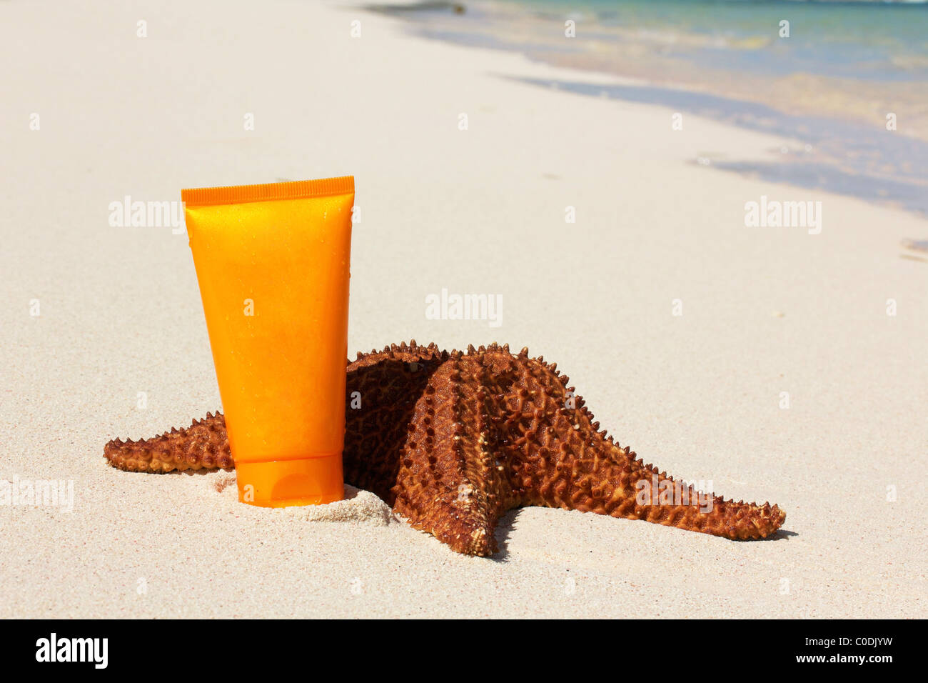 Starfish and sun protection tube on sand, closeup Stock Photo