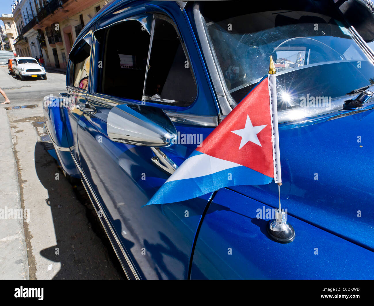 Detail of Classic American Cars Old Havana Cuba Cuban flag wing mirror Stock Photo