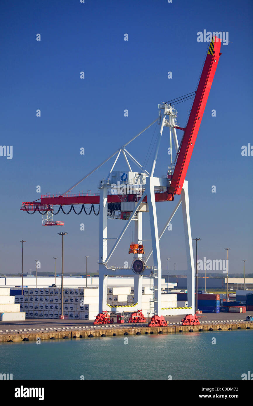 A dockside cargo handling crane at a container port, France Stock Photo