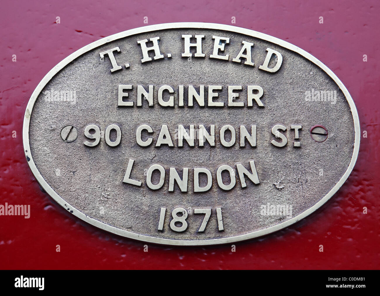 The makers plate on Head Wrightson 1871 vertical boiler steam locomotive. Stock Photo