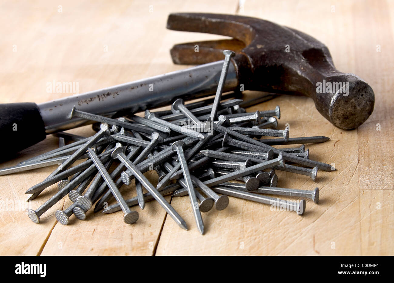 Carpenter tools hammer and nails Stock Photo Alamy