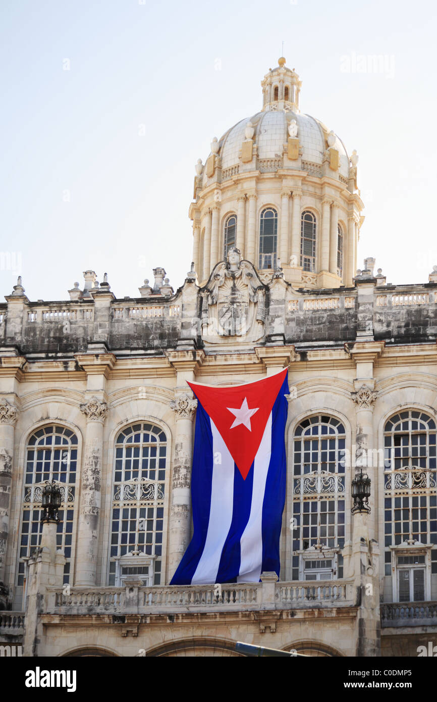 Flag hanging from the Revolution Museum Havana Cuba Stock Photo