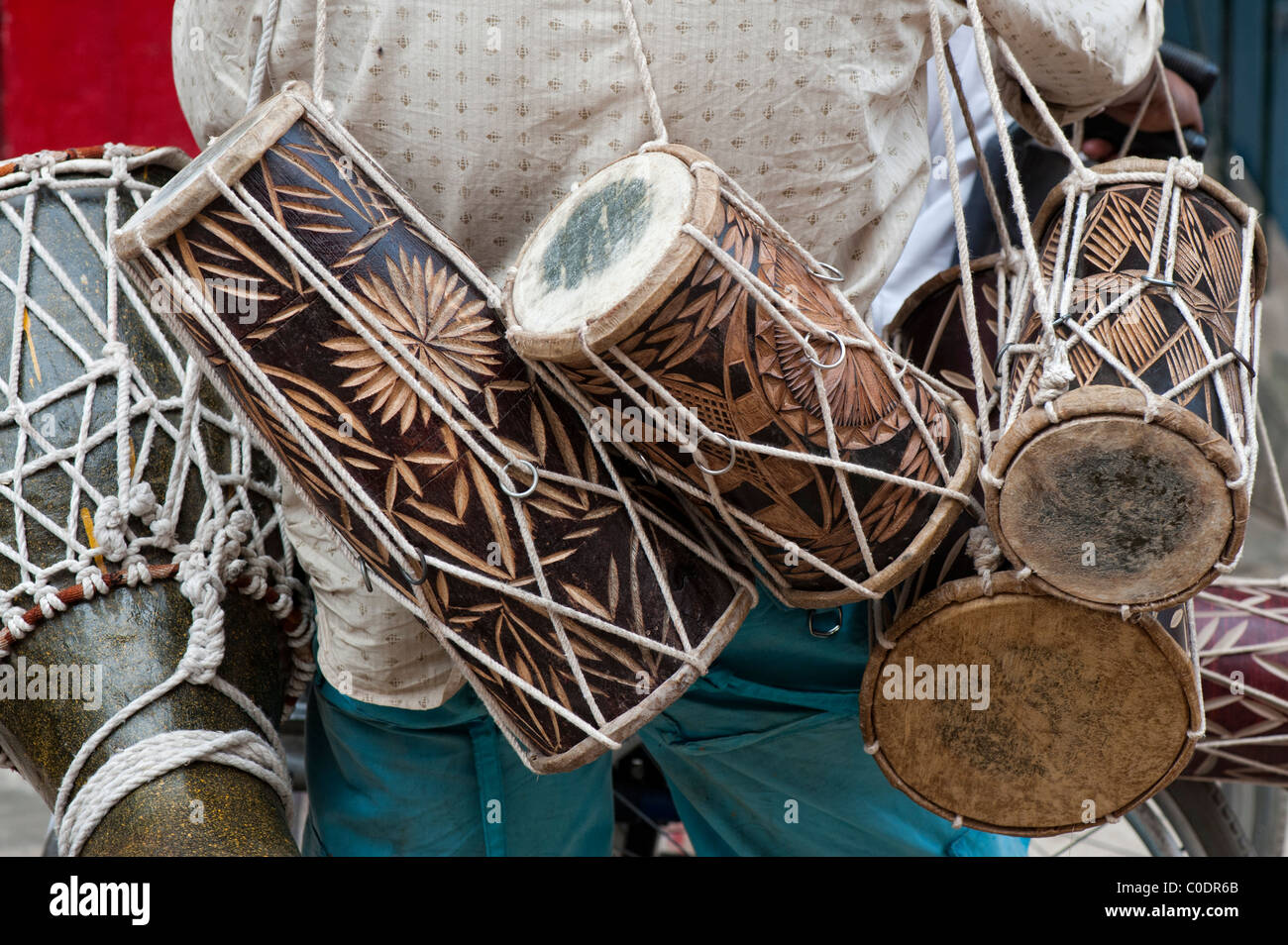 Indian drum seller on the street. Andhra Pradesh, India. Stock Photo