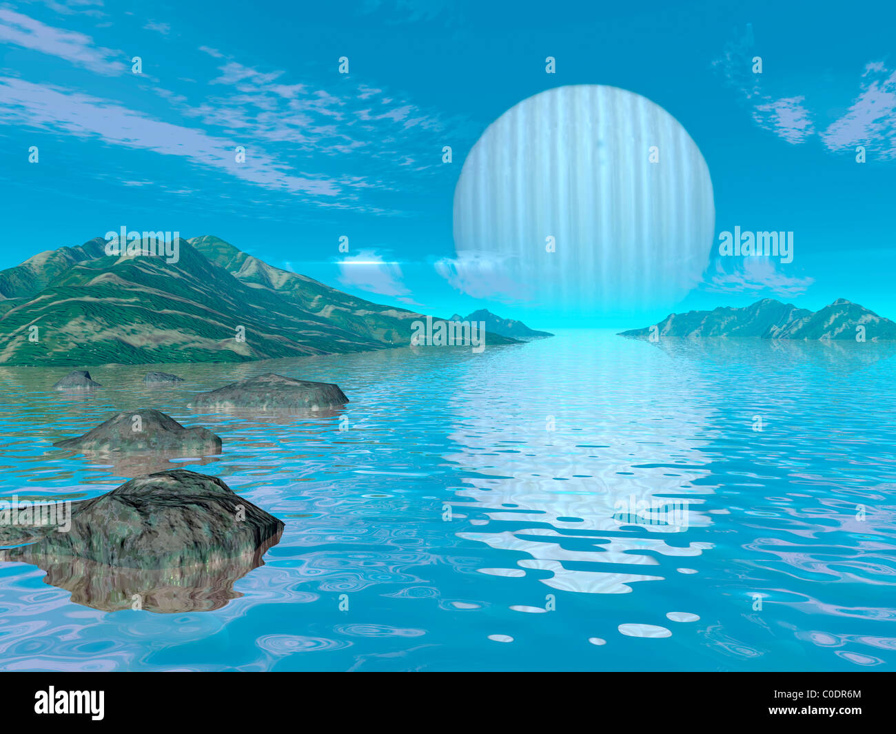 Illustration of a hypothetical idyllic landscape on a distant alien planet. Stock Photo