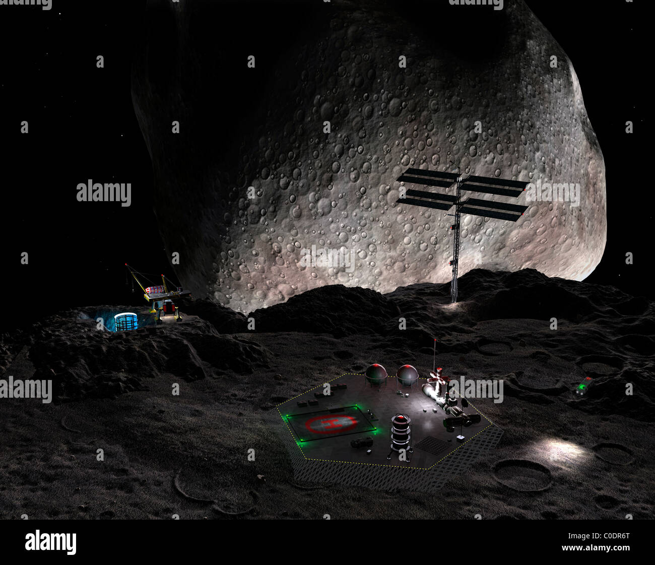 Artist's concept of a mining settlement on the double asteroid 90 Antiope. Stock Photo
