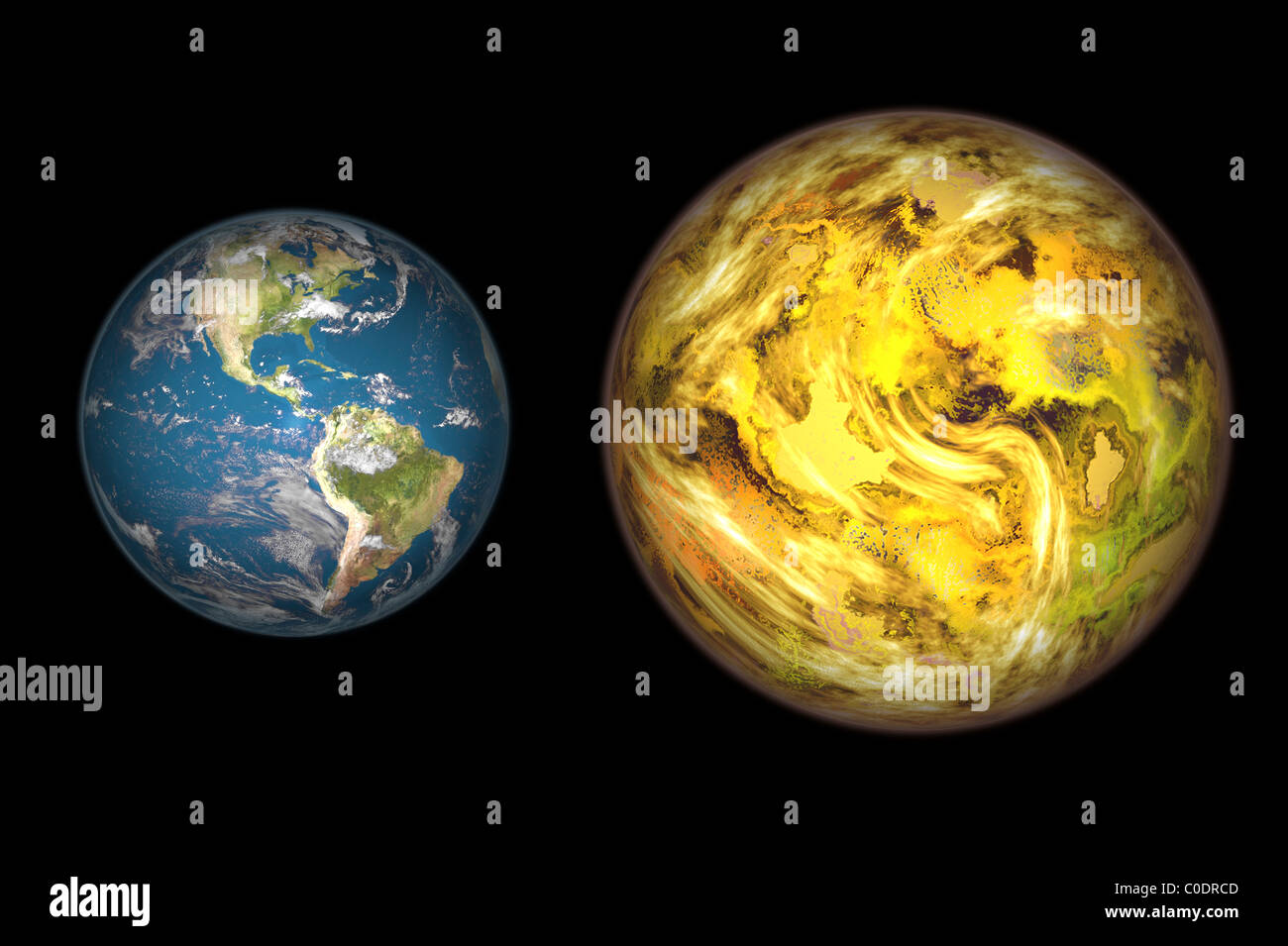 Illustration comparing the size of extrasolar planet Gliese 581 c with that of the Earth. Stock Photo