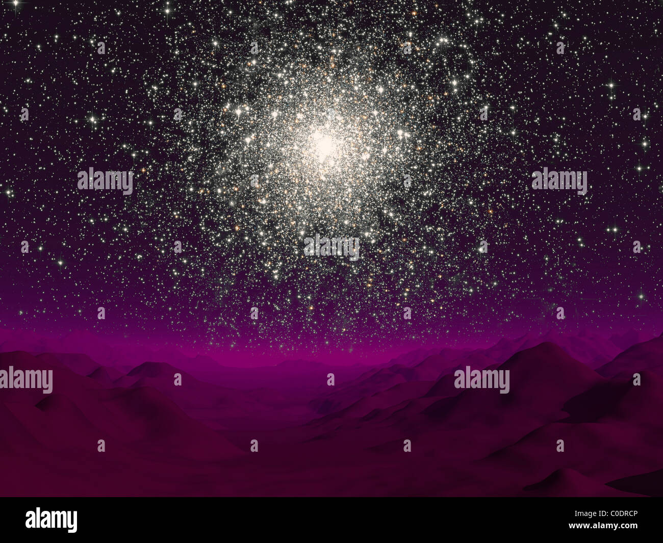Illustration of a globular cluster over the terrain of a barren planet. Stock Photo