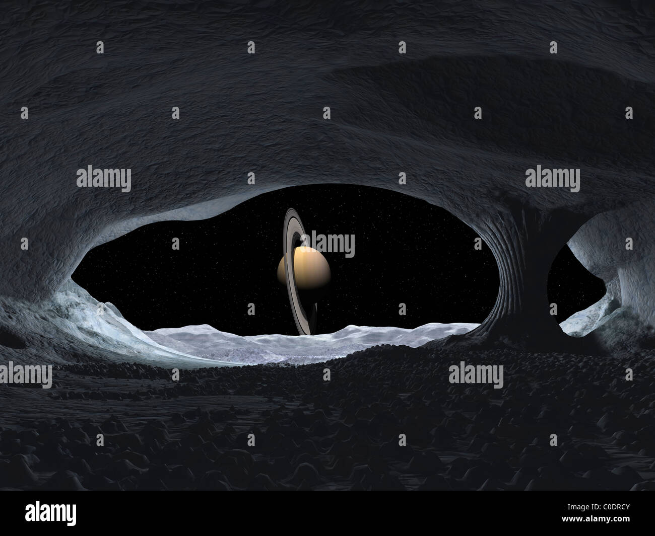 Artist's concept of how Saturn might appear from within a hypothetical ice cave on Iapetus. Stock Photo