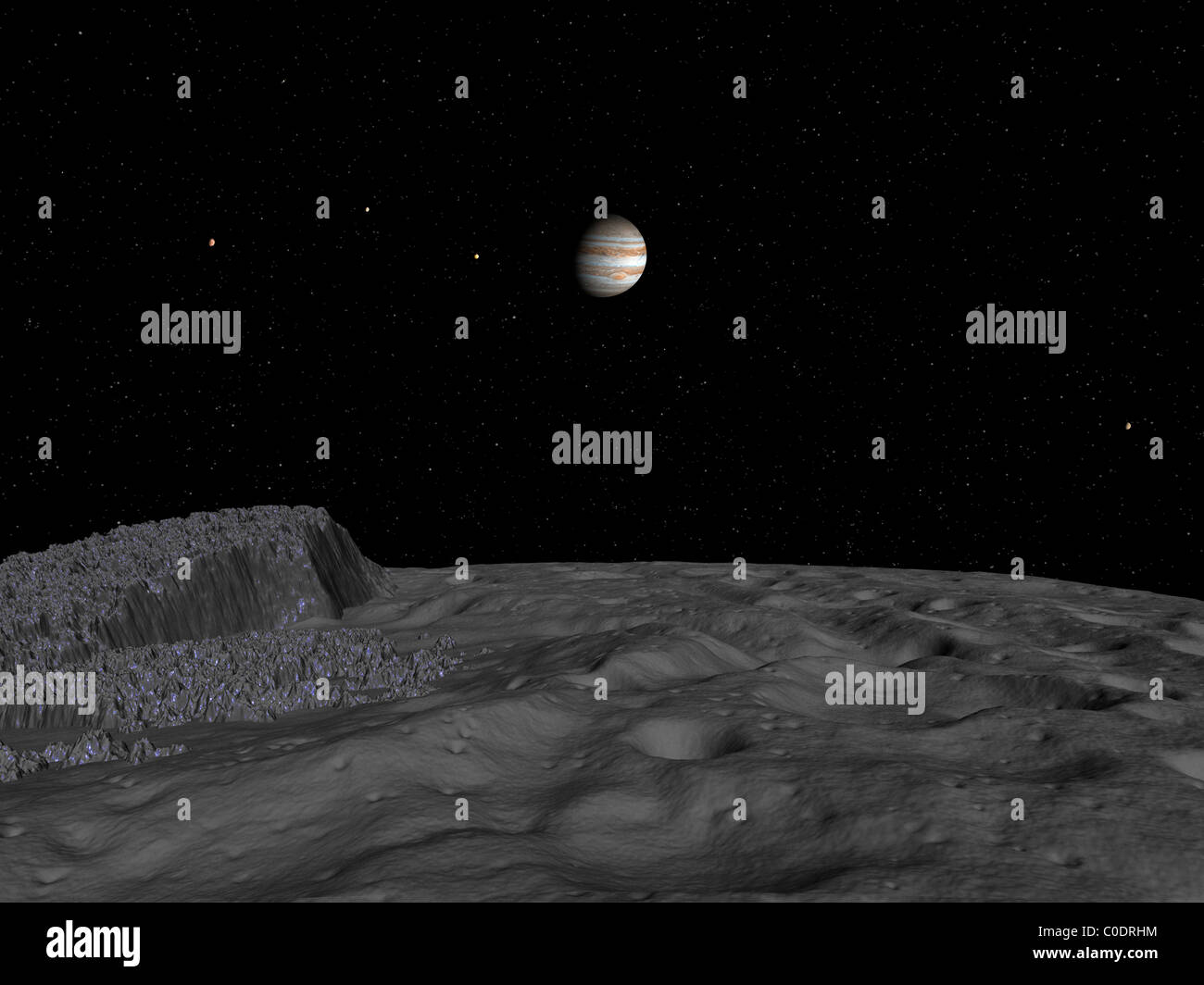 Artist's concept of a view across the surface of Themisto towards Jupiter and its moons. Stock Photo