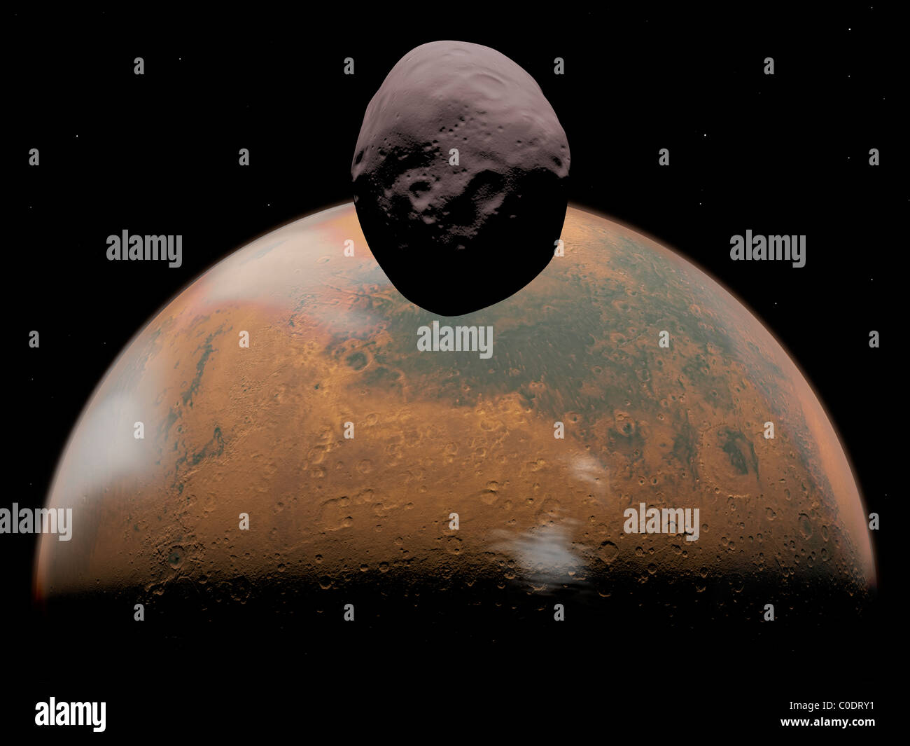 Artist's concept of Mars and its tiny moon Phobos. Stock Photo