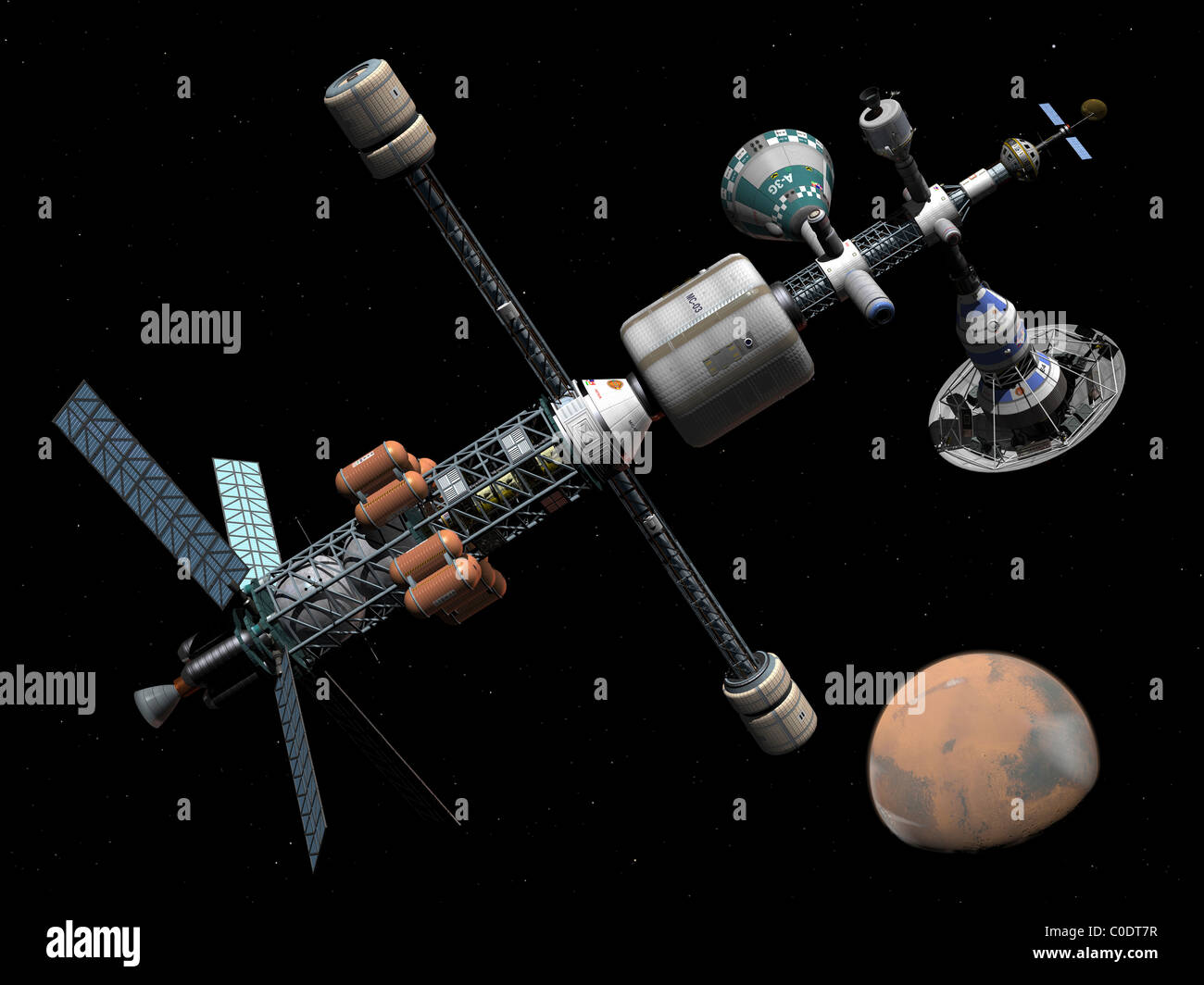 A manned Mars cycler space station approaches the planet Mars. Stock Photo