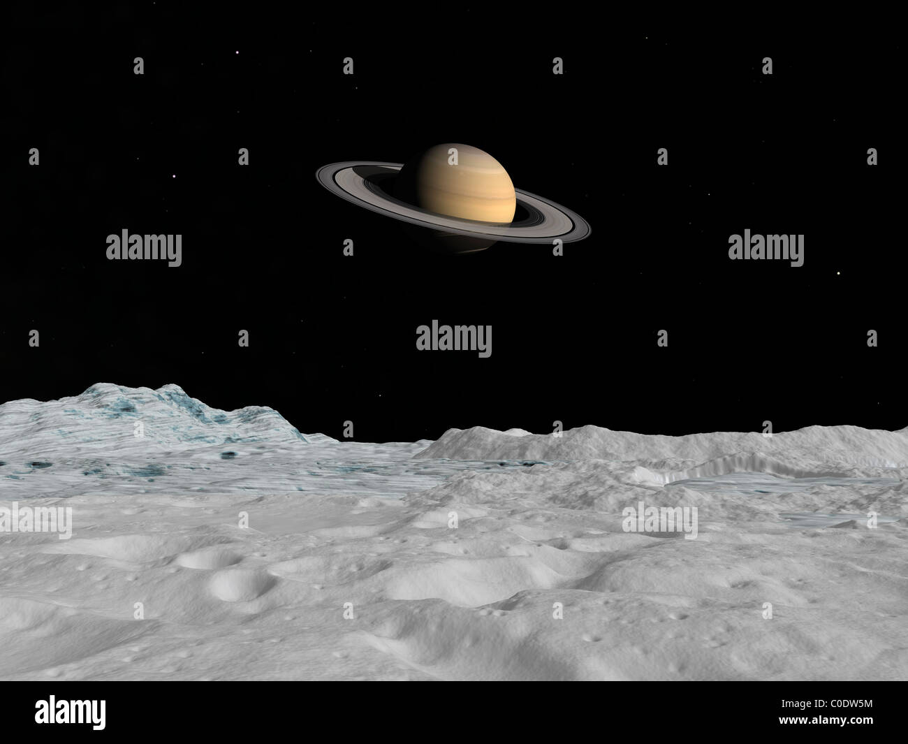 Artist's concept of Saturn as seen from the surface of its moon Iapetus. Stock Photo