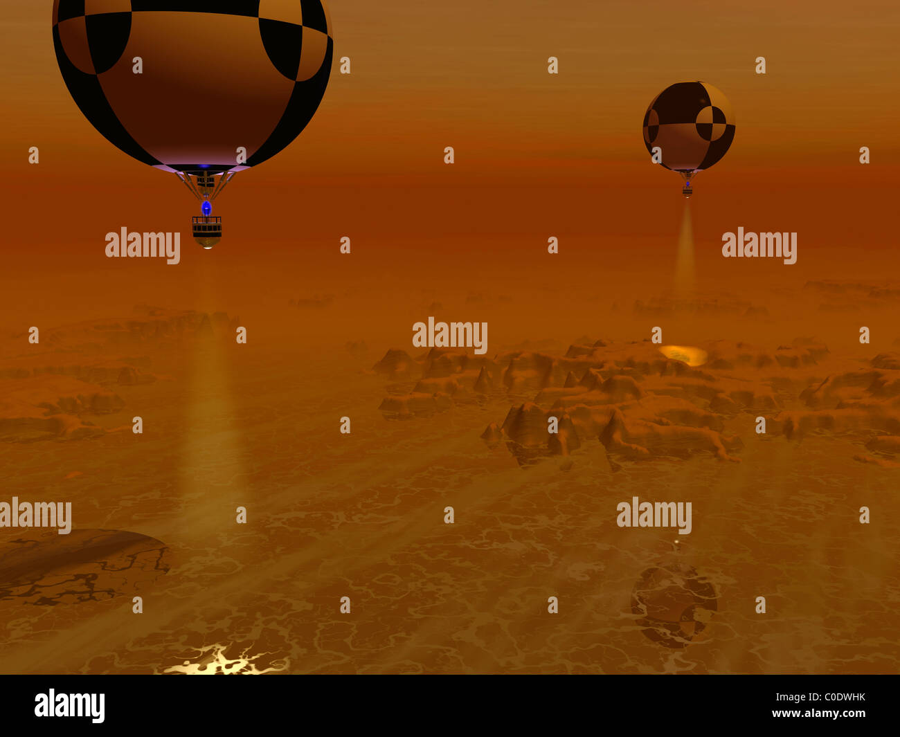 A pair of balloon-borne probes leisurely survey the surface of Titan. Stock Photo