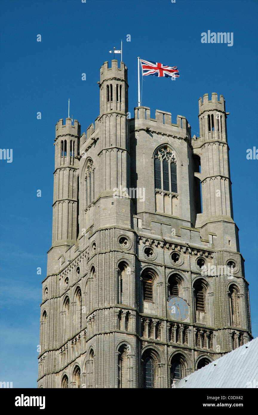 Union Flag on the West Tower of Ely Cathedral, Cambridgeshire, England, UK Stock Photo