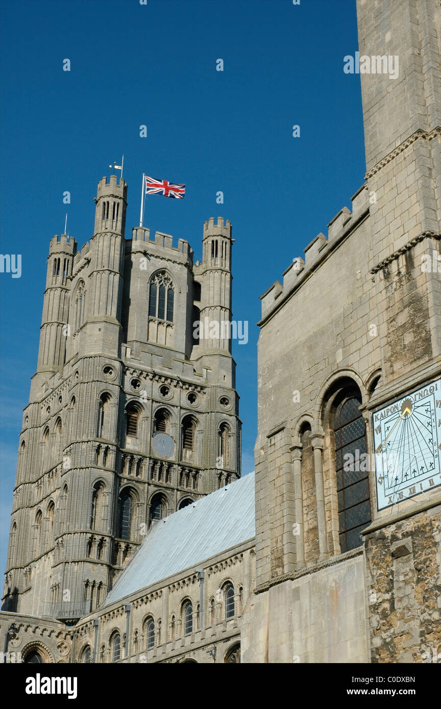 Union Flag on the West Tower of Ely Cathedral, Cambridgeshire, England, UK Stock Photo