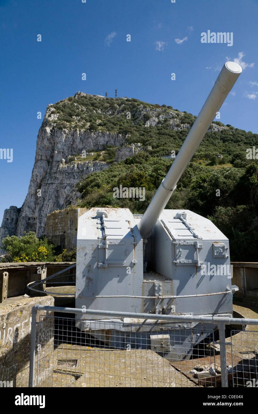 Historic defensive British / English artillery / cannon gun from the period of the second world war / WW2 on Rock of Gibraltar Stock Photo