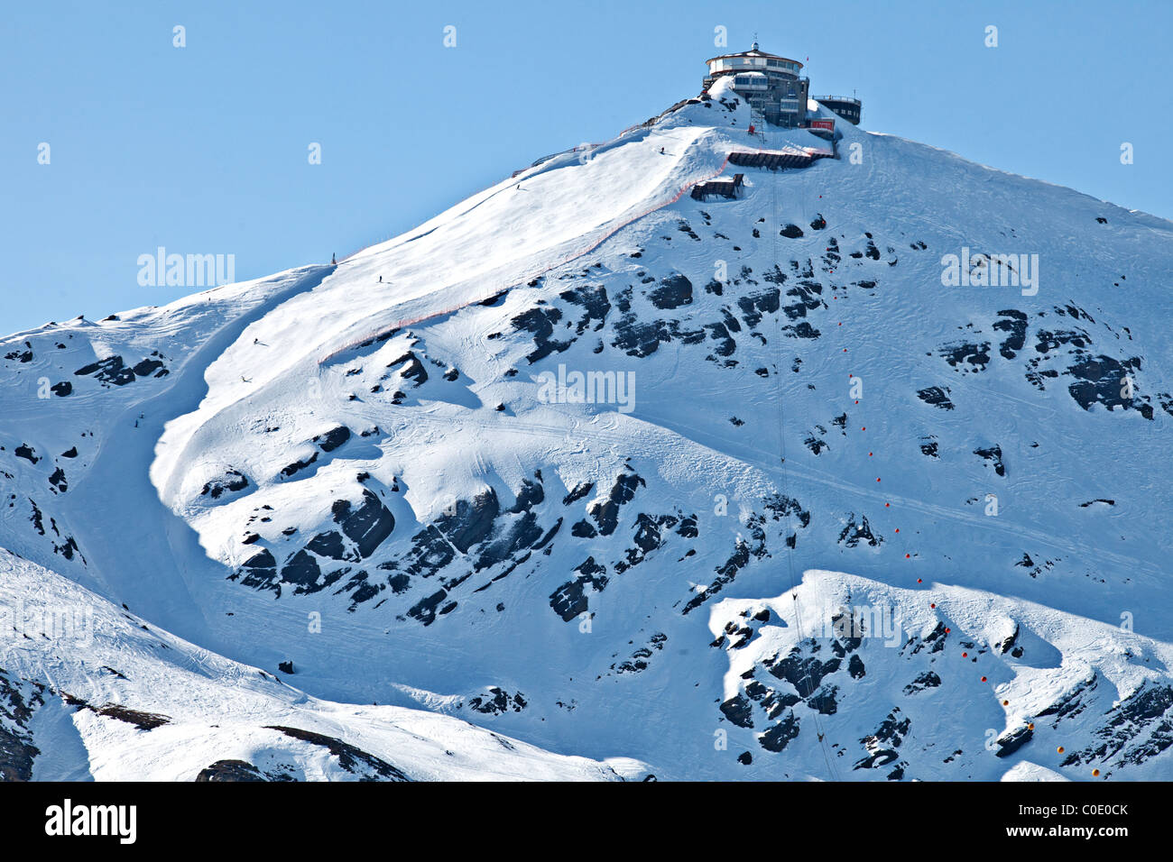Inferno ski piste and Piz Gloria restaurant , Bernese Oberland , Switzerland Stock Photo