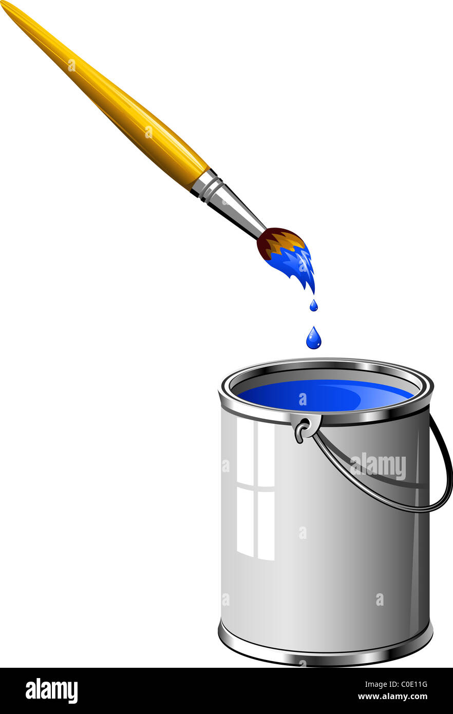 Bucket of blue paint and a brush Stock Photo - Alamy