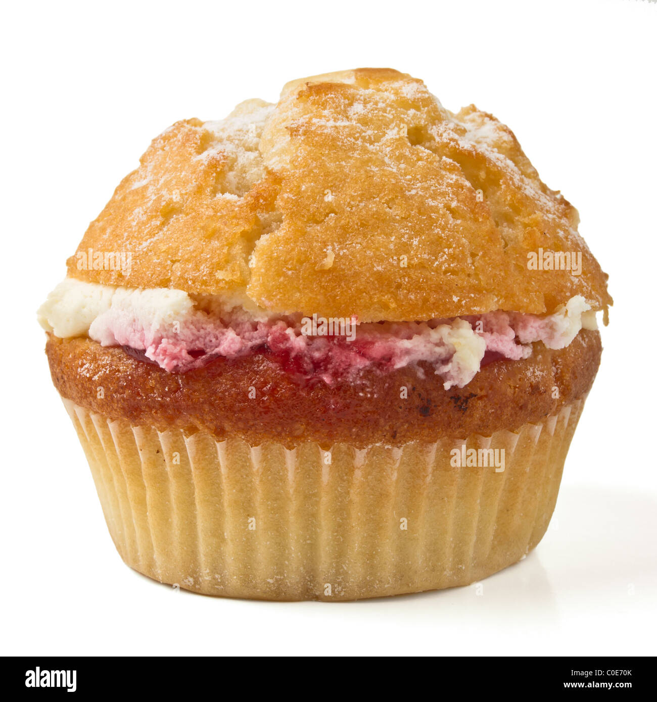 Cream and raspberry filled muffin close up isolated on white. Stock Photo