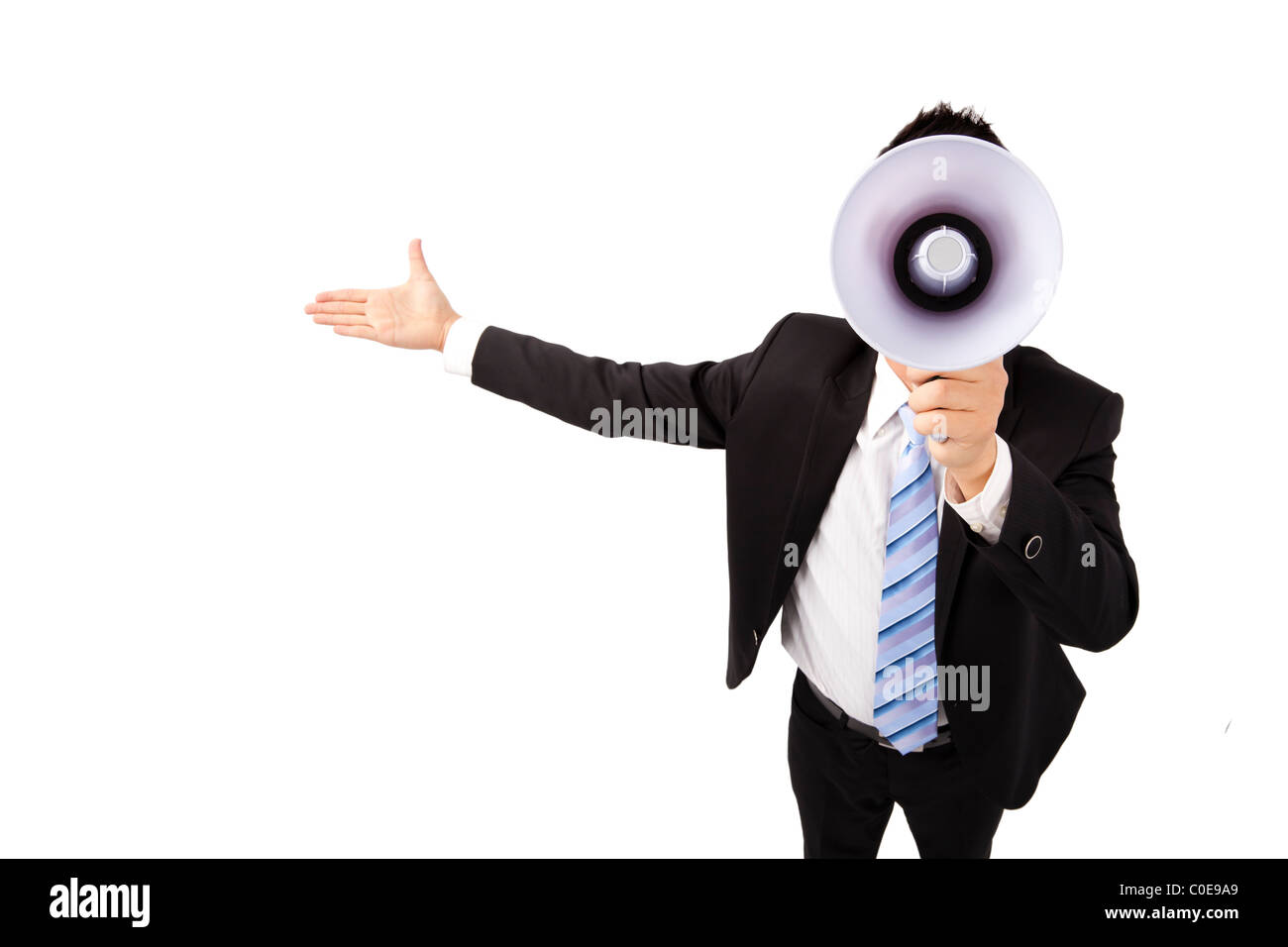 Businessman holding megaphone make loud noise Stock Photo