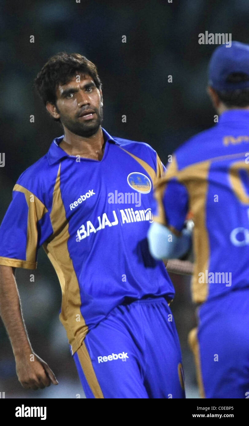 Munaf Patel Rajasthan Royals celebrates with teammates wicket of Hyderabad Deccan Chargers player during the their match at the Stock Photo