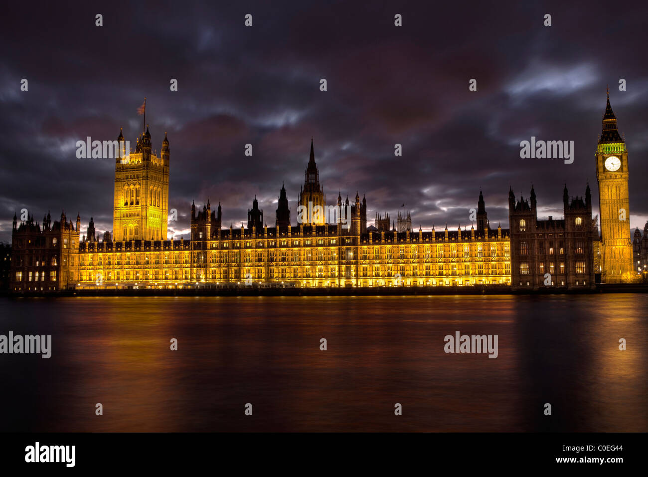 Houses of Parliament in London at night Stock Photo
