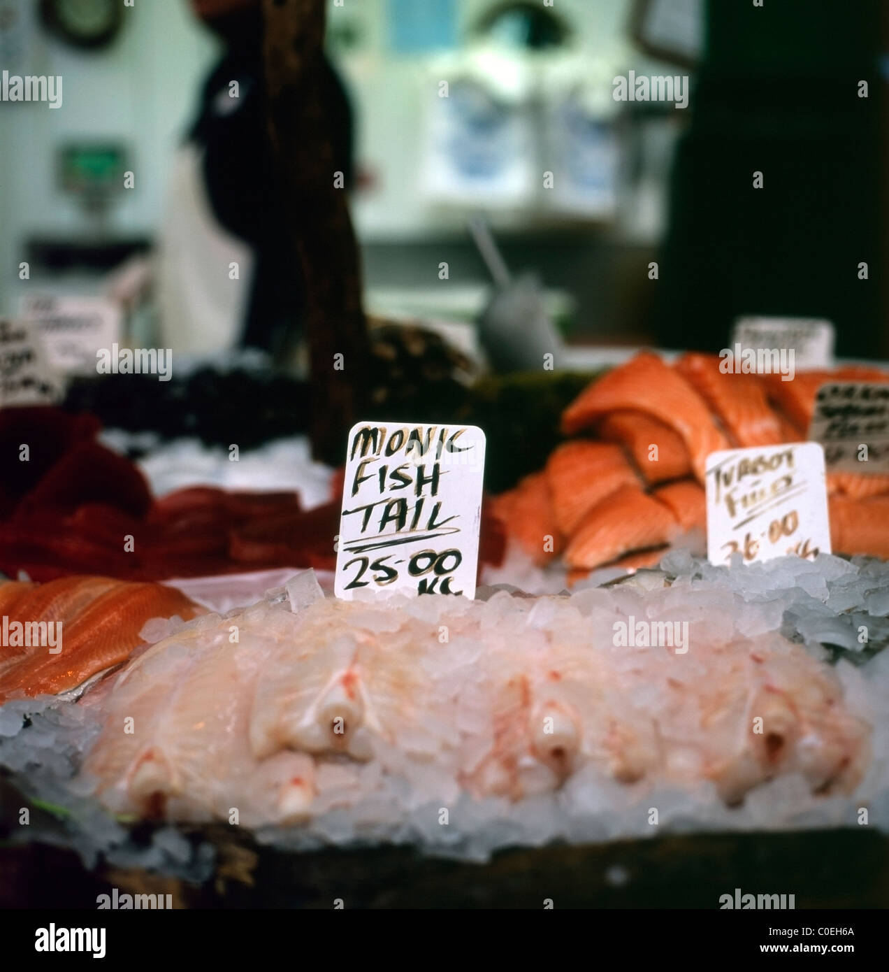 Monk Fish Tail and sign for sale at a Borough Market stall, London, England UK KATHY DEWITT Stock Photo