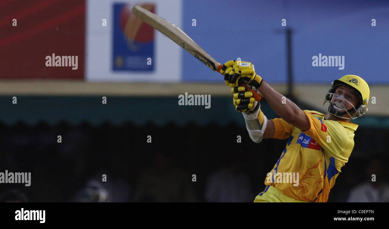 Chennai Super Kings Michael Hussey plays a shot during the match against Kings XI Punjab at the PCA stadium Mohali, India - Stock Photo
