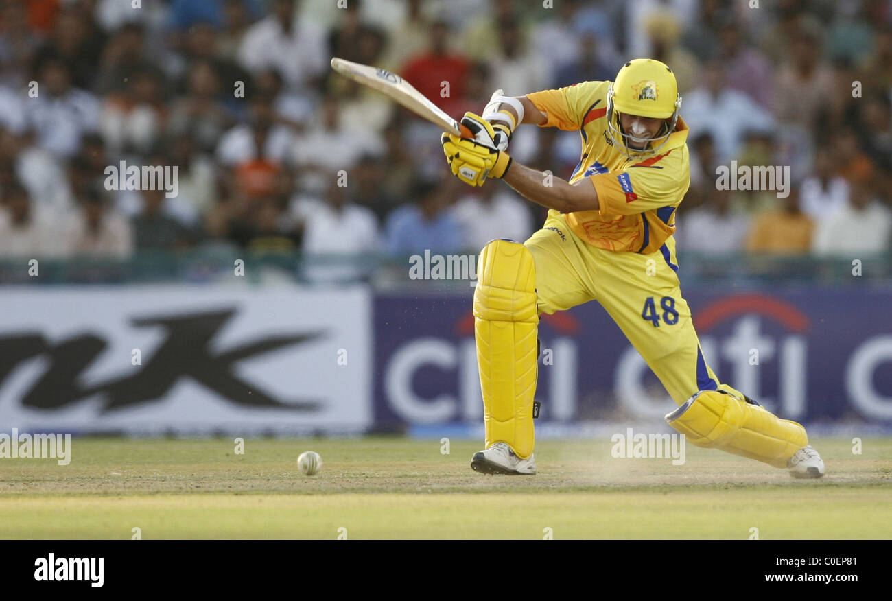 Chennai Super Kings Michael Hussey plays a shot during the match against Kings XI Punjab at the PCA stadium Mohali, India - Stock Photo