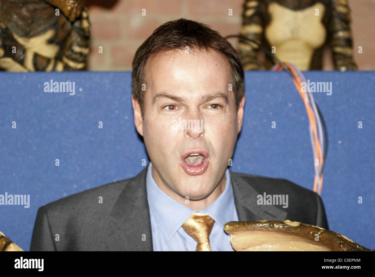 Peter Jones poses with 80's Hollywood film stars The Gremlins at the