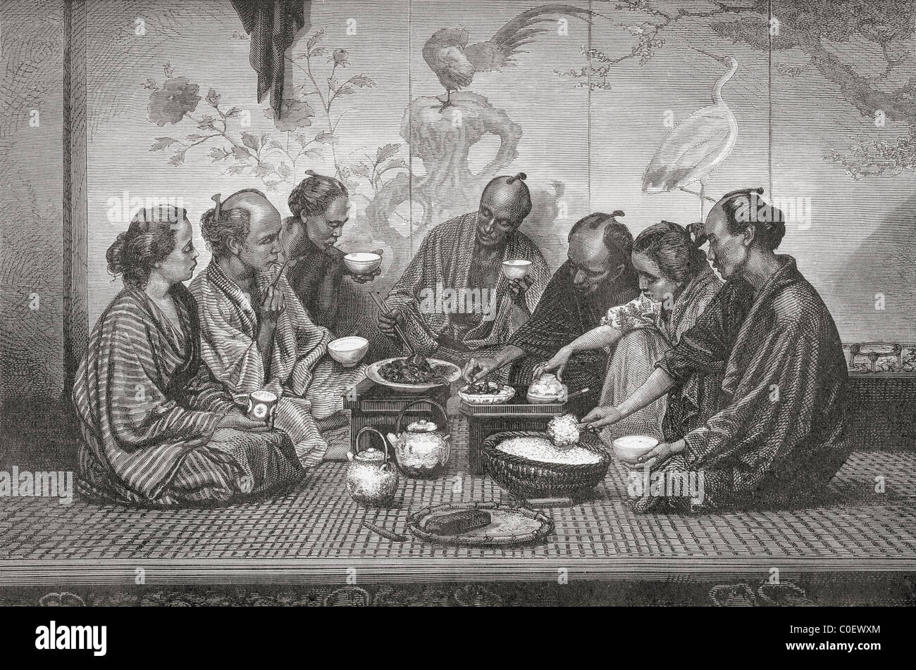 A Japanese middle-class family's mealtime in the 19th century. Stock Photo