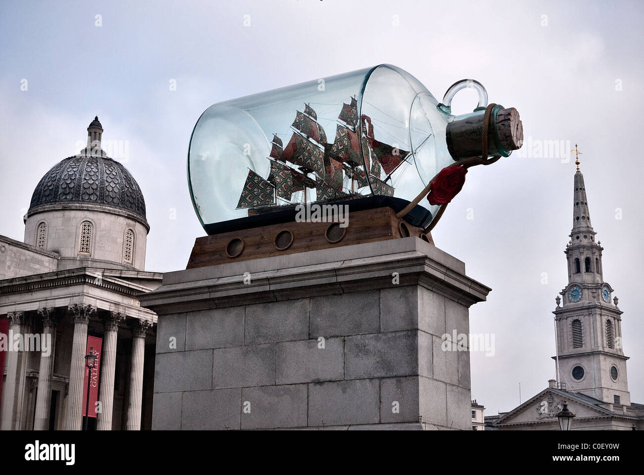Model of HMS Victory in a bottle on the fourth plinth in Trafalgar Sq London a work by artist Yinka Shonibare Stock Photo