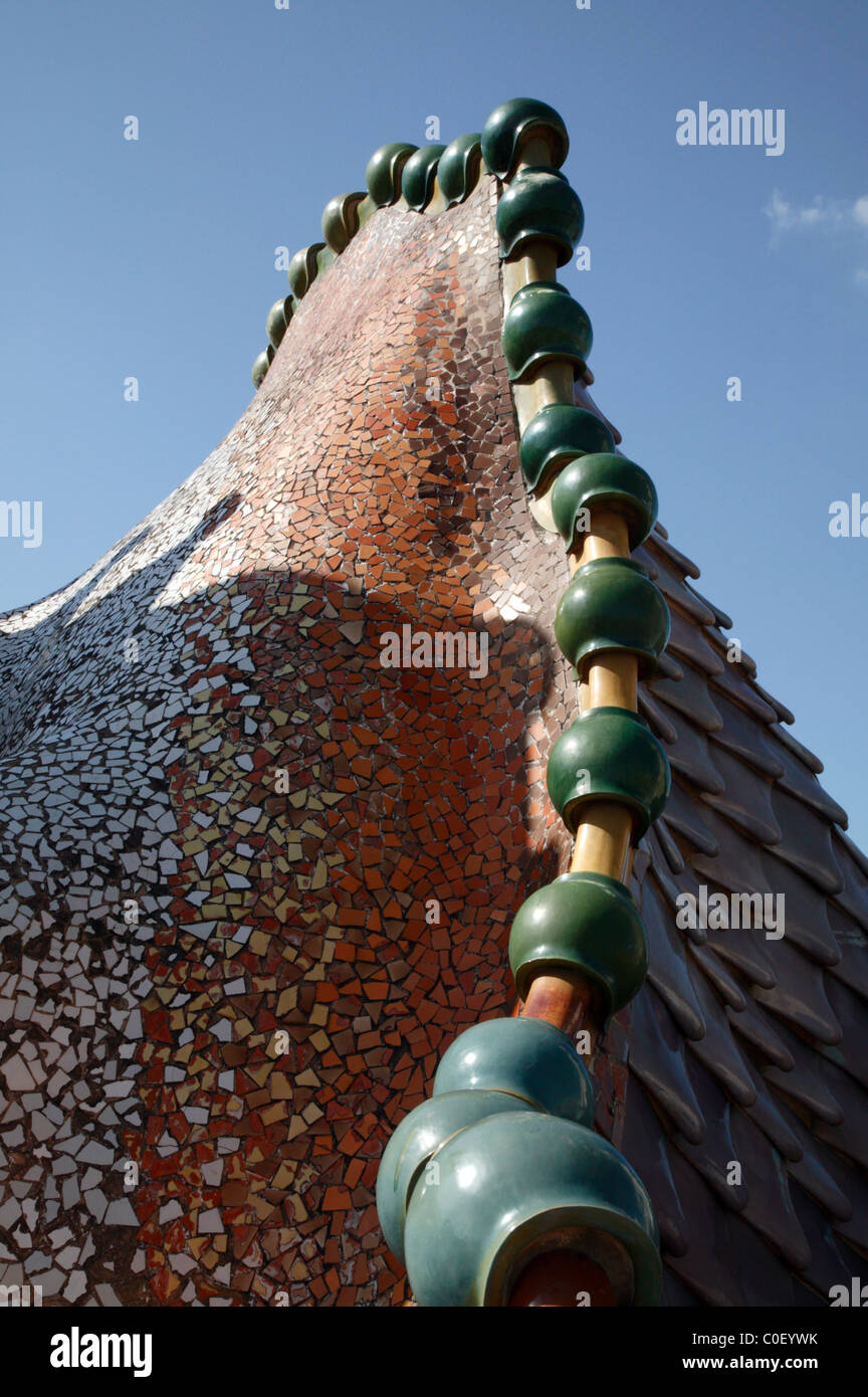 Coloured ceramic tiles and mozaics on the roof of the Casa Batlo, Barcelona, Spain Stock Photo