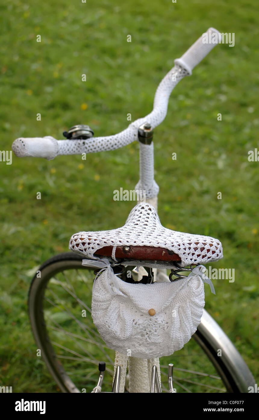 retro bike with white crochet clothing Stock Photo