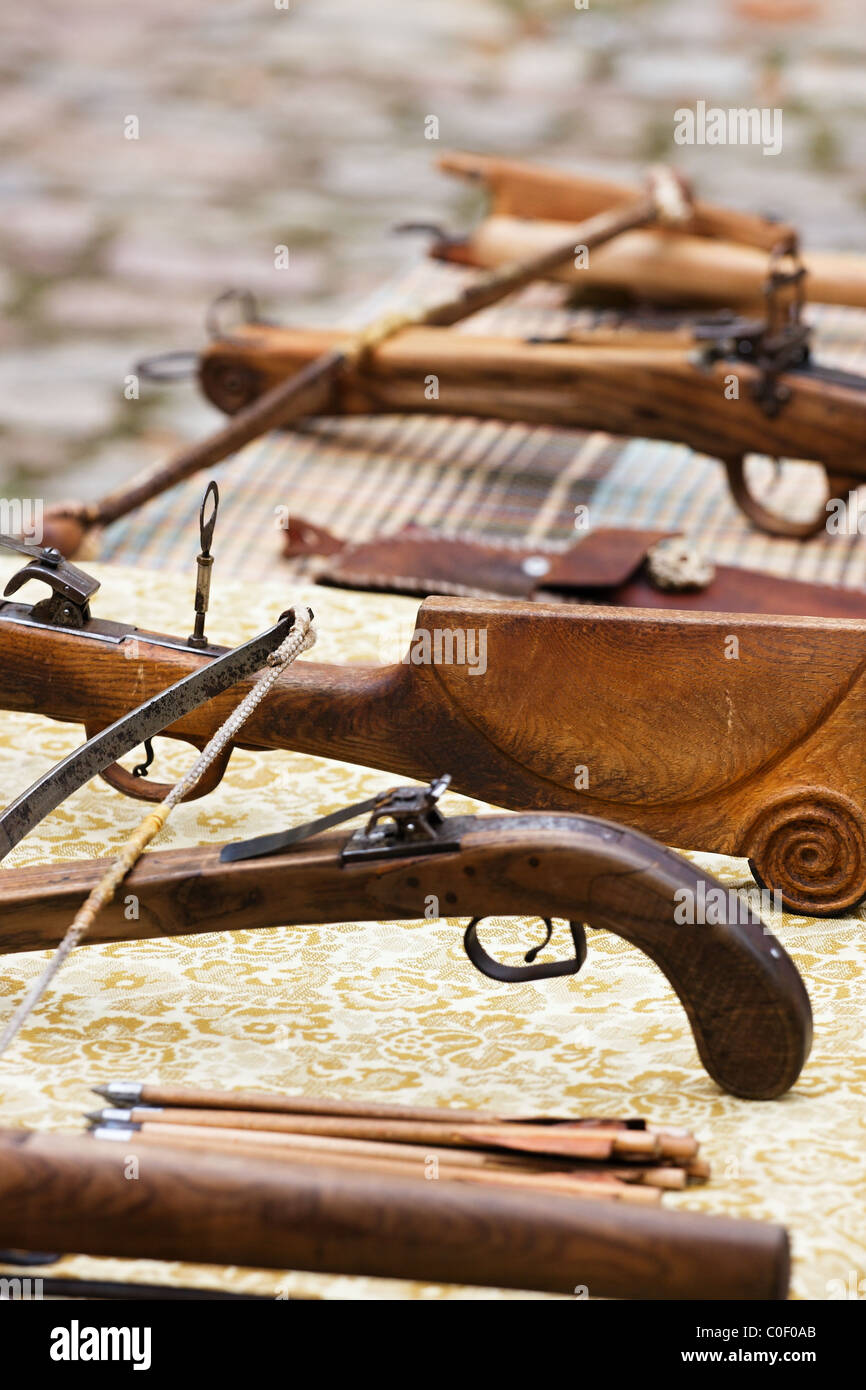 Detail of historic wooden crossbow Stock Photo