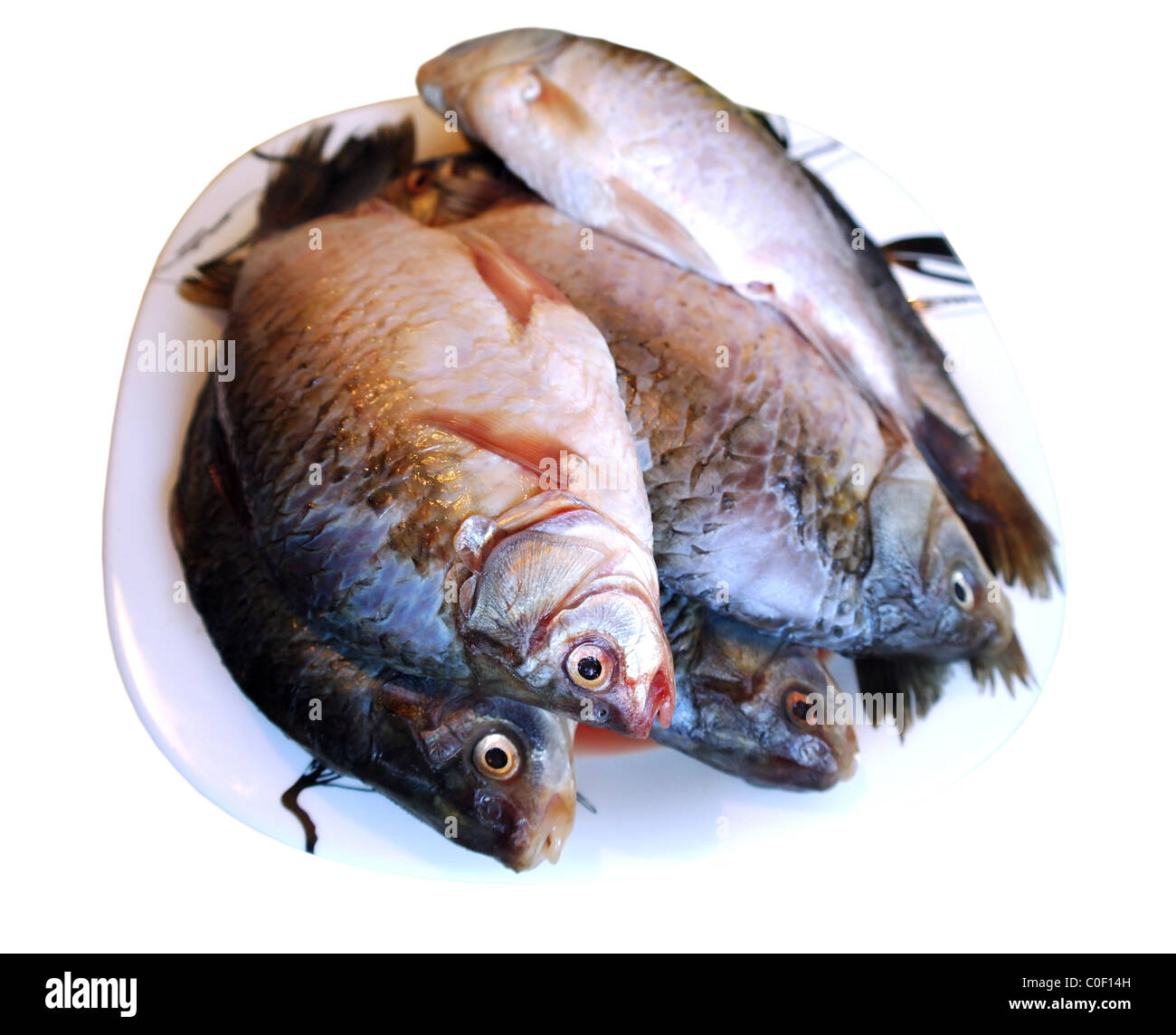 The cleared crude fish the Crucian on a plate, it is isolated, a white ...
